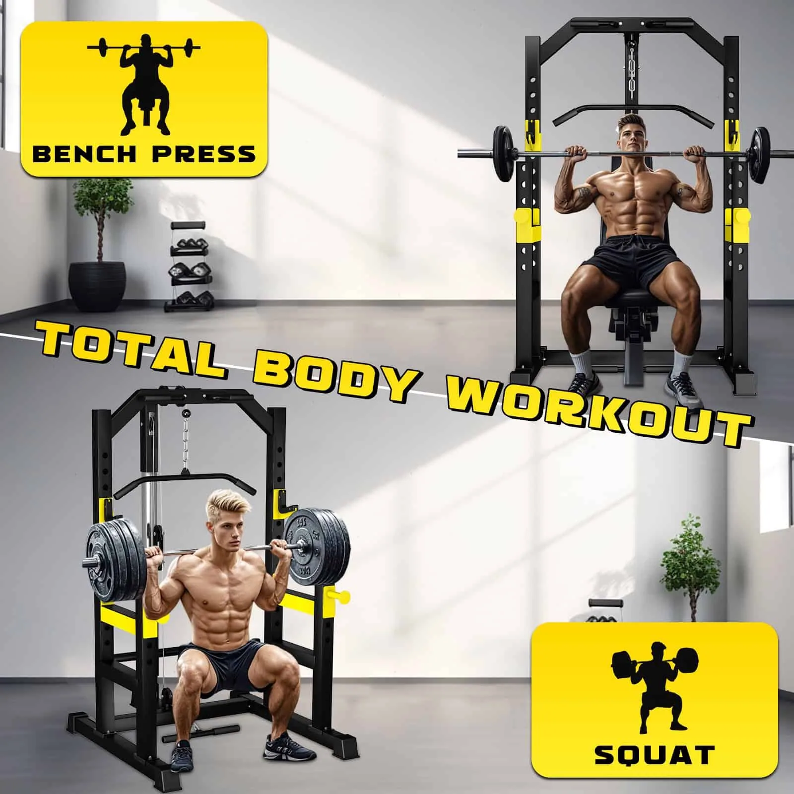 محطة السكوات الشاملة مع بكرة السحب (Power Cage with Lat Pulldown)